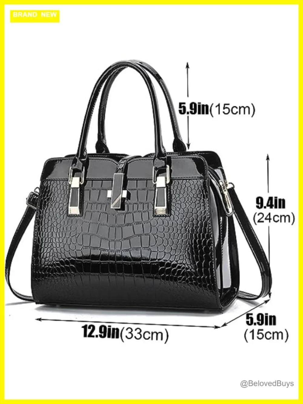 Patent Leather Satchel Handbag Women Tote Crocodile Pattern Top-Handle Shoulder